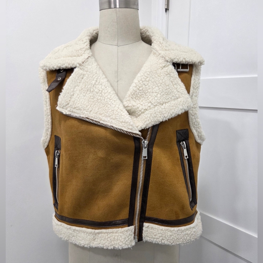 Mark Edwards Studio Brown and Cream Shearling Lined Aviator Vest Size S